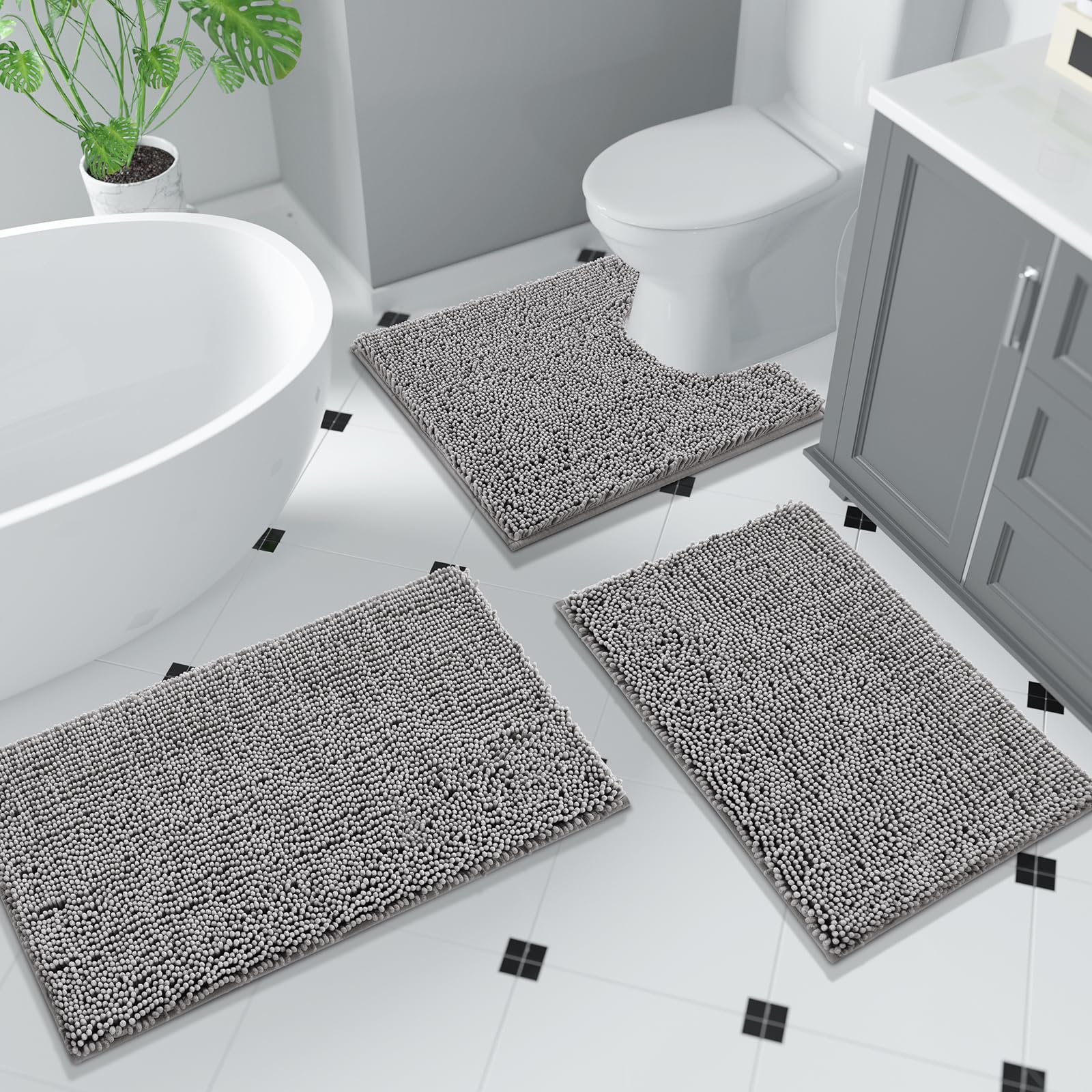 Yimobra Chenille Bathroom Rug Microfiber Luxury  47.2 X 24 Inches  Bathmats Washable  Soft Shaggy Bathroom Shower Rug  Super Absorbent & Thick Durable  Non-Slip  Bath Mats for Bathroom Grey